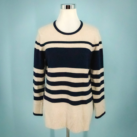 Sail To Sable Size large L Tan Blue Stripe Nautical Print Wool Cashmere Sweater - Picture 1 of 6